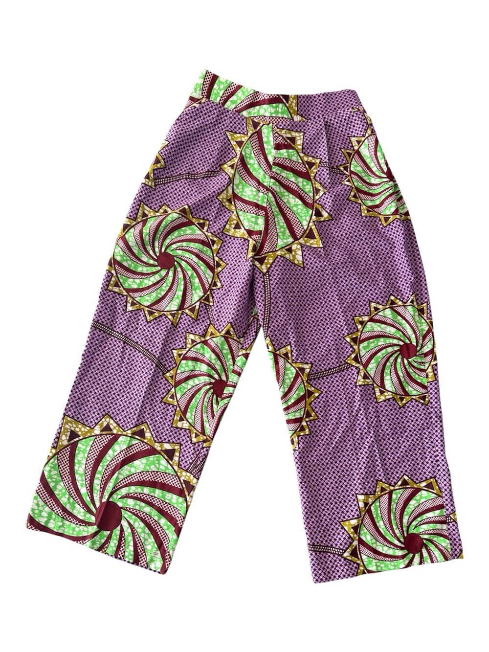 Grass-Fields African Print Wide Leg Crop Pants Purple Green Ankara Plus Size 20